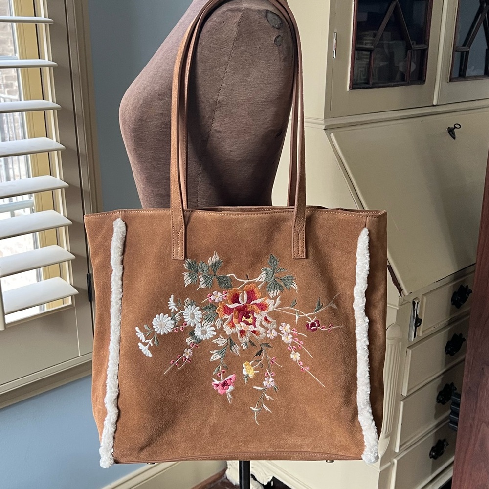 Johnny Was Acacia Sherpa Embroidered Suede Tote Bag
